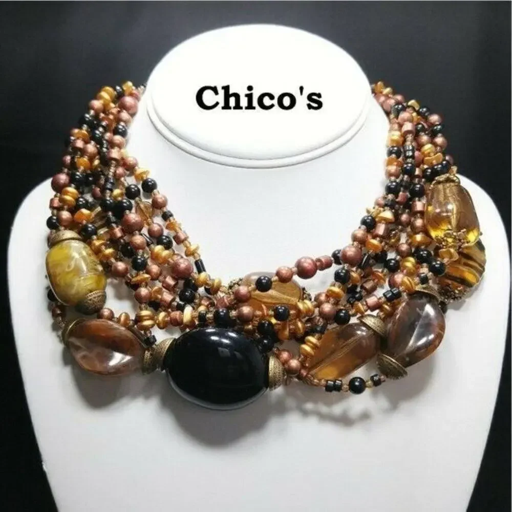 Chico's Lucite Multi-Strand Beaded Necklace, 9 Strand, Brown Black Gold, 20 Inch